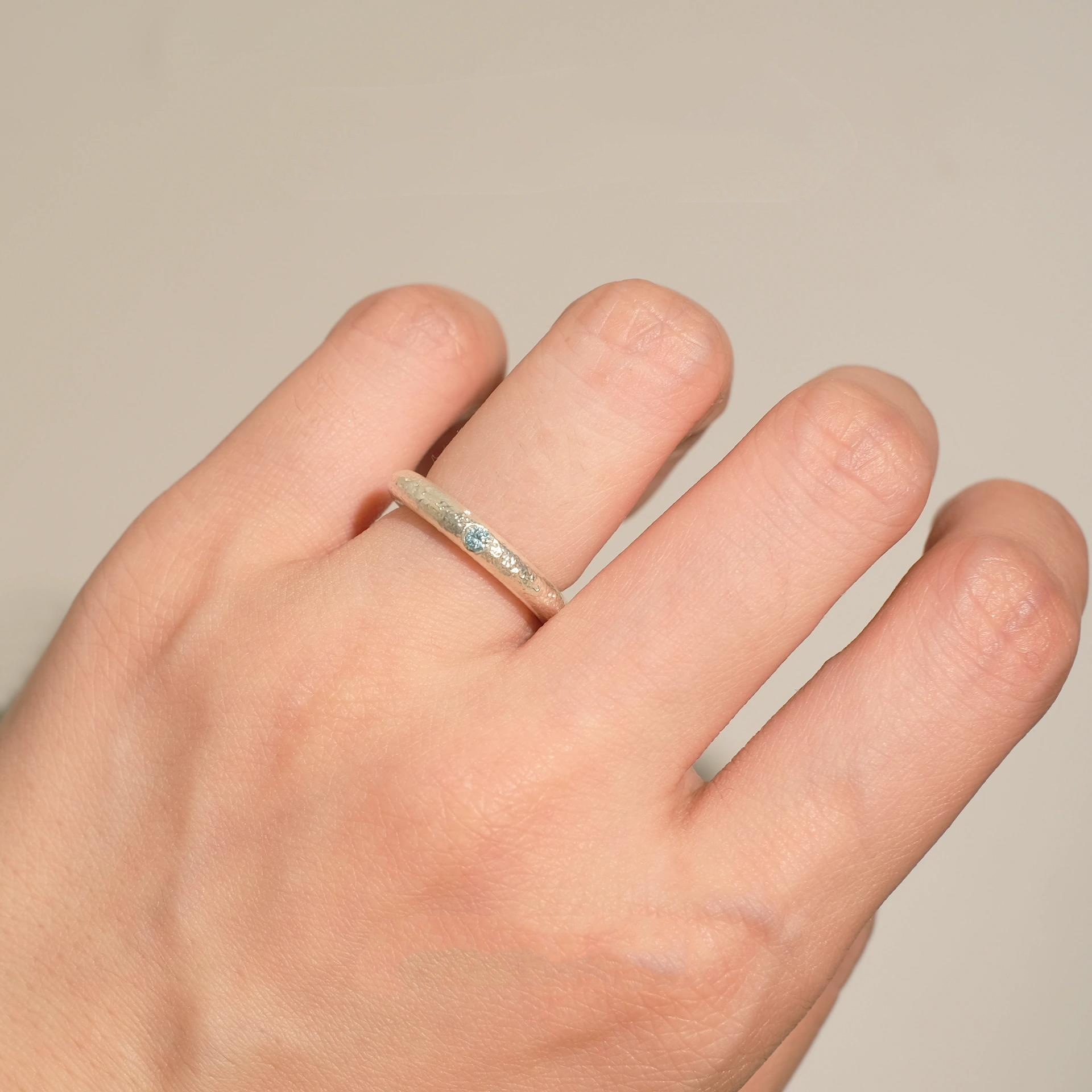 Ring – Sterling Silver Brushed Aquamarine Minimalist Textured Design