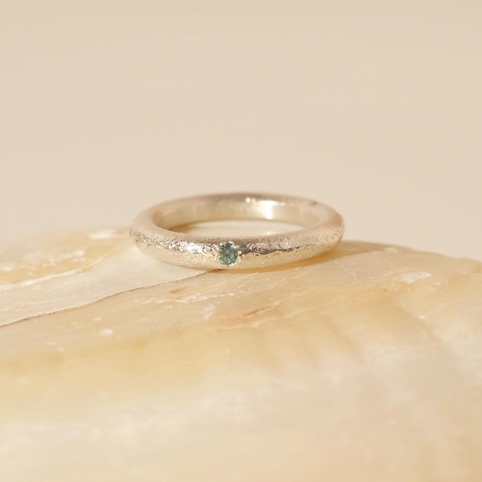 Ring – Sterling Silver Brushed Aquamarine Minimalist Textured Design