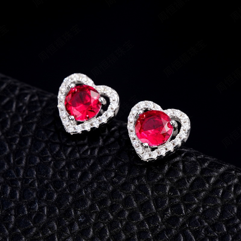 Ruby Stud Earrings - 925 Sterling Silver  Paved Heart Design