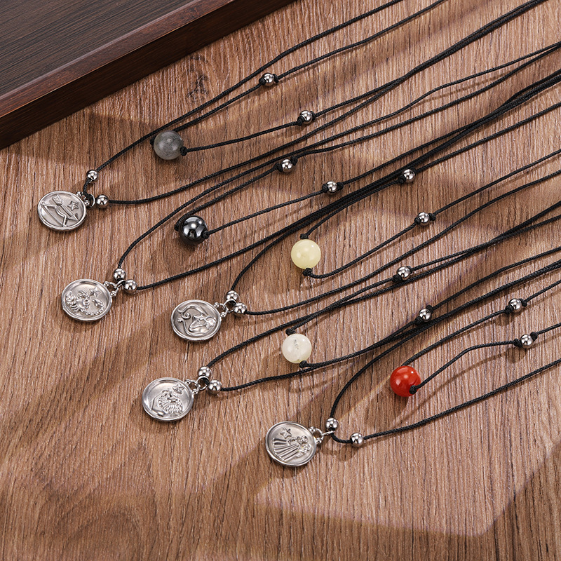 Zodiac Necklace – Stainless Steel Double Layer Beaded Pendant Necklace
