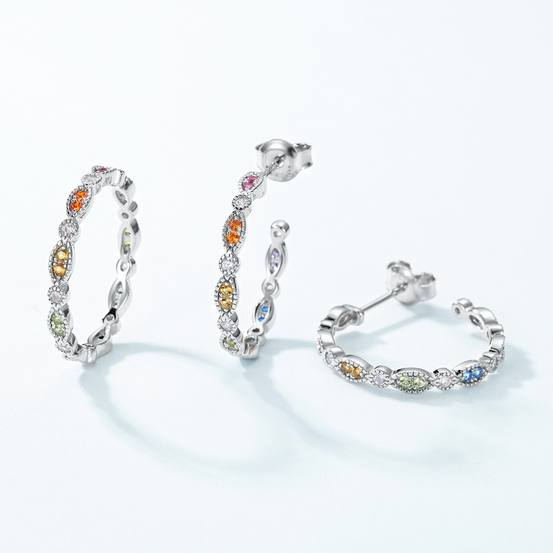 Rainbow Zircon Earrings – 925 Sterling Silver Multicolor Hoop Studs