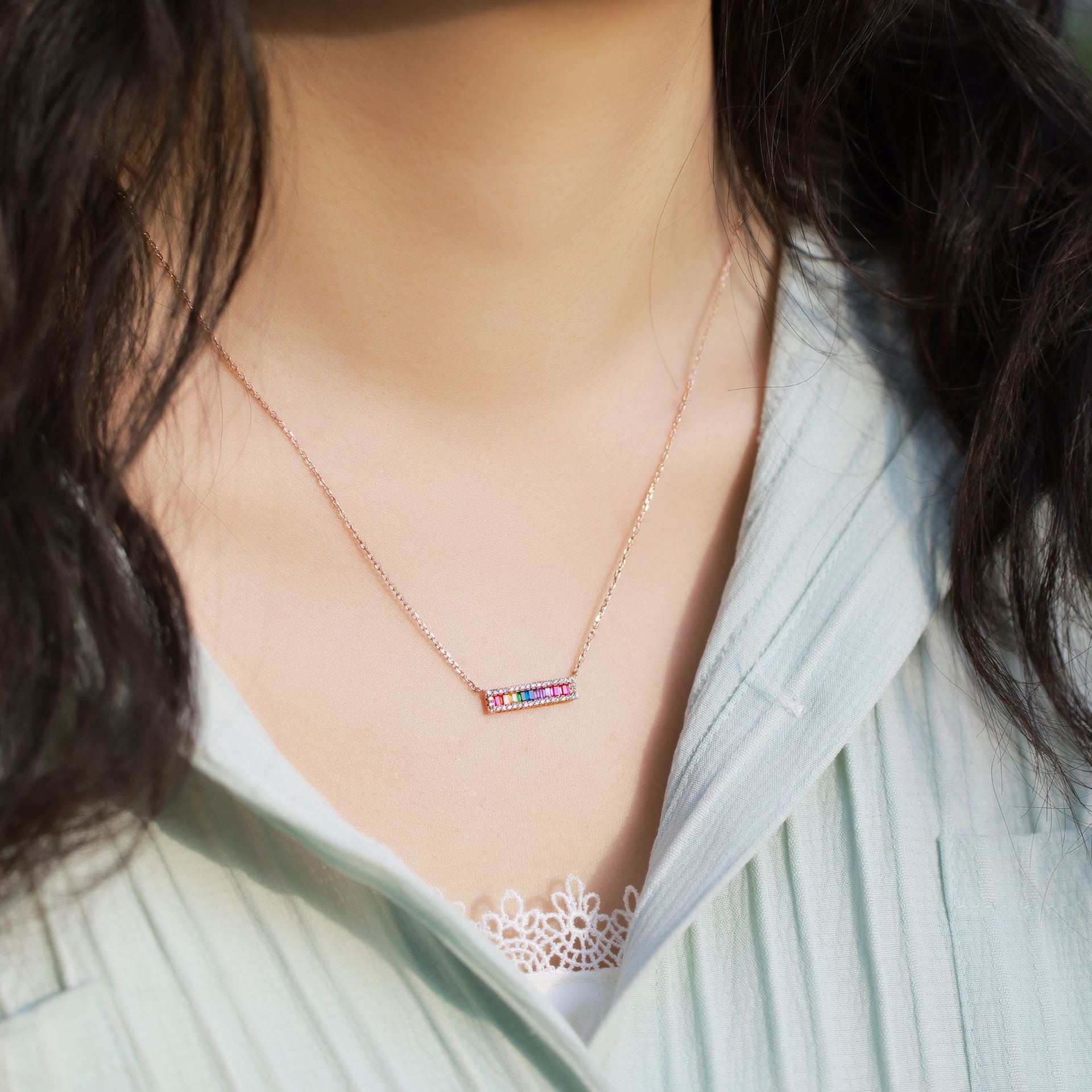 Rainbow Zircon Necklace – Rose Gold Plated 925 Silver Collarbone Chain