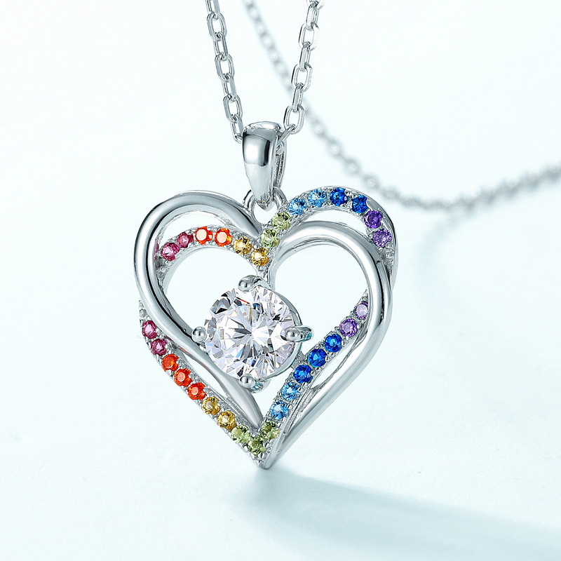 Rainbow Zircon Necklace – Heart Ocean Pendant in 925 Sterling Silver