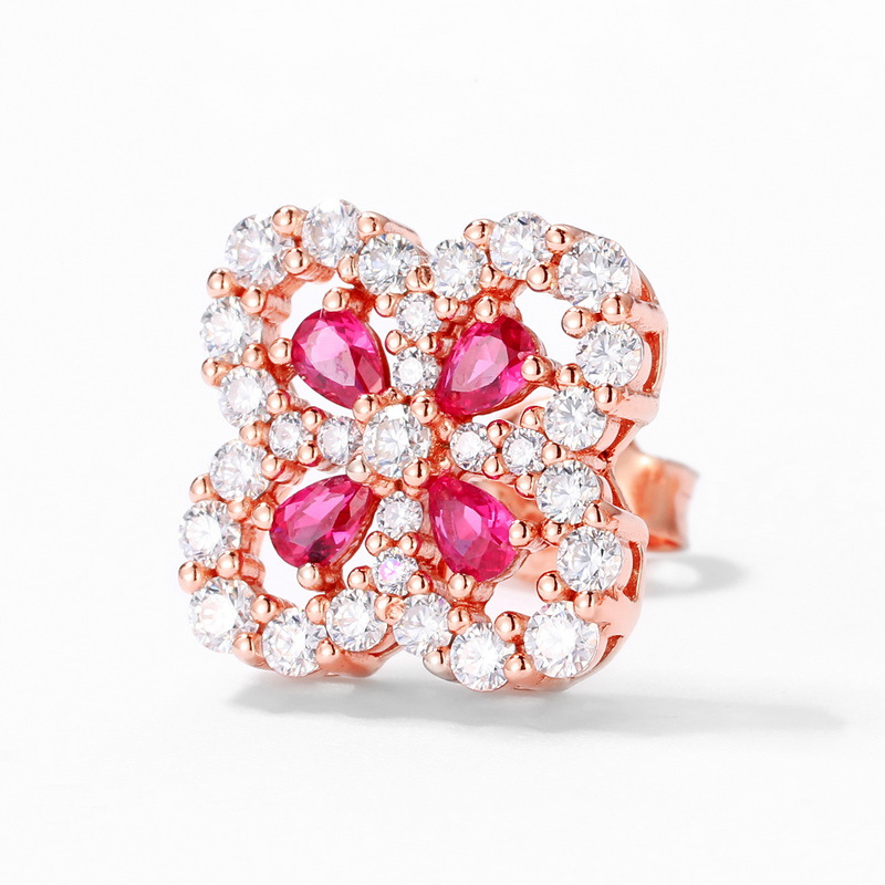 Ruby Stud Earrings – S925 Sterling Silver Four-Leaf Petal Design