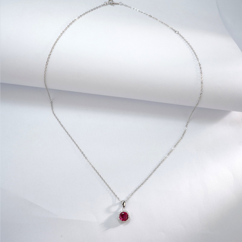 Ruby Pendant Necklace – S925 Sterling Silver Round Collarbone Necklace