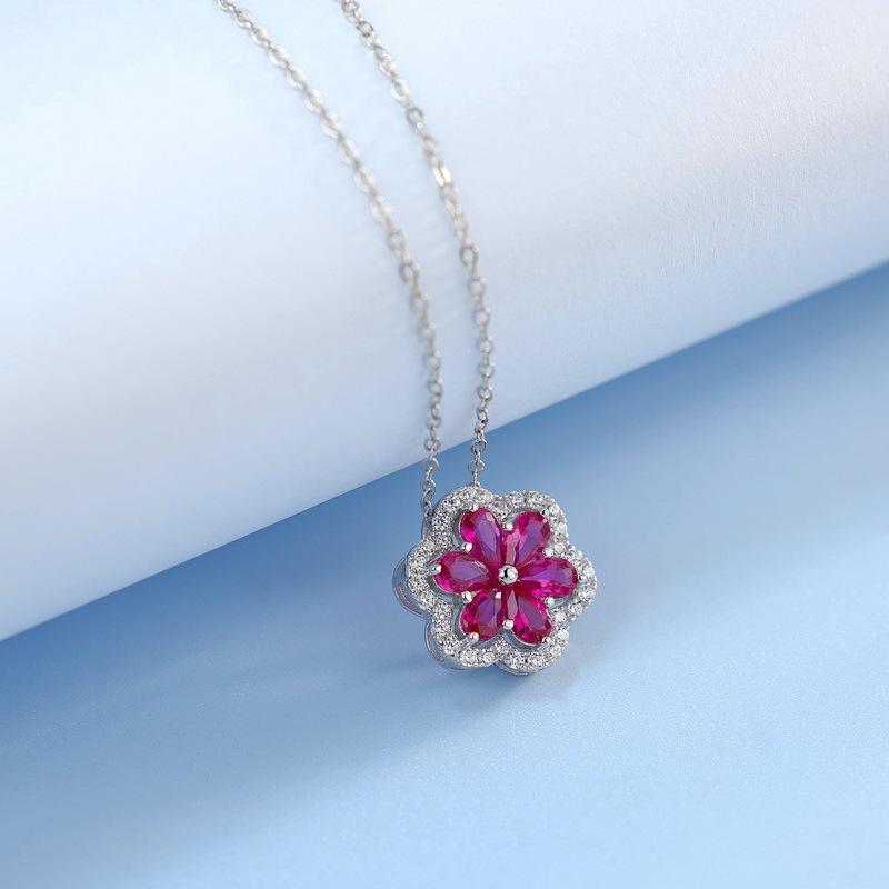 Ruby Pendant Necklace - 925 Sterling Silver Petal Design