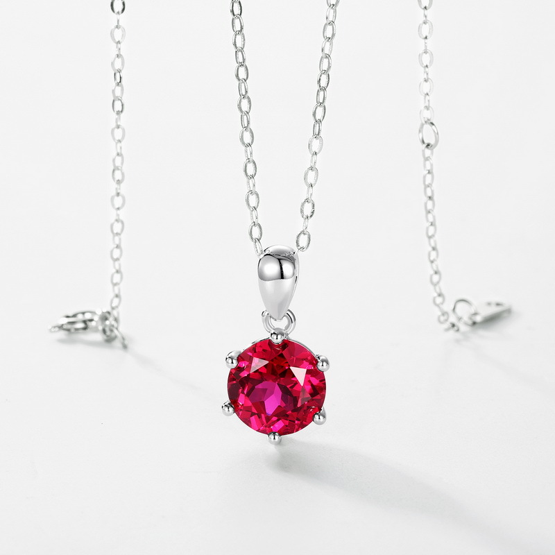 Ruby Pendant Necklace- 925 Sterling Silver Six-Prong Solitaire Necklace
