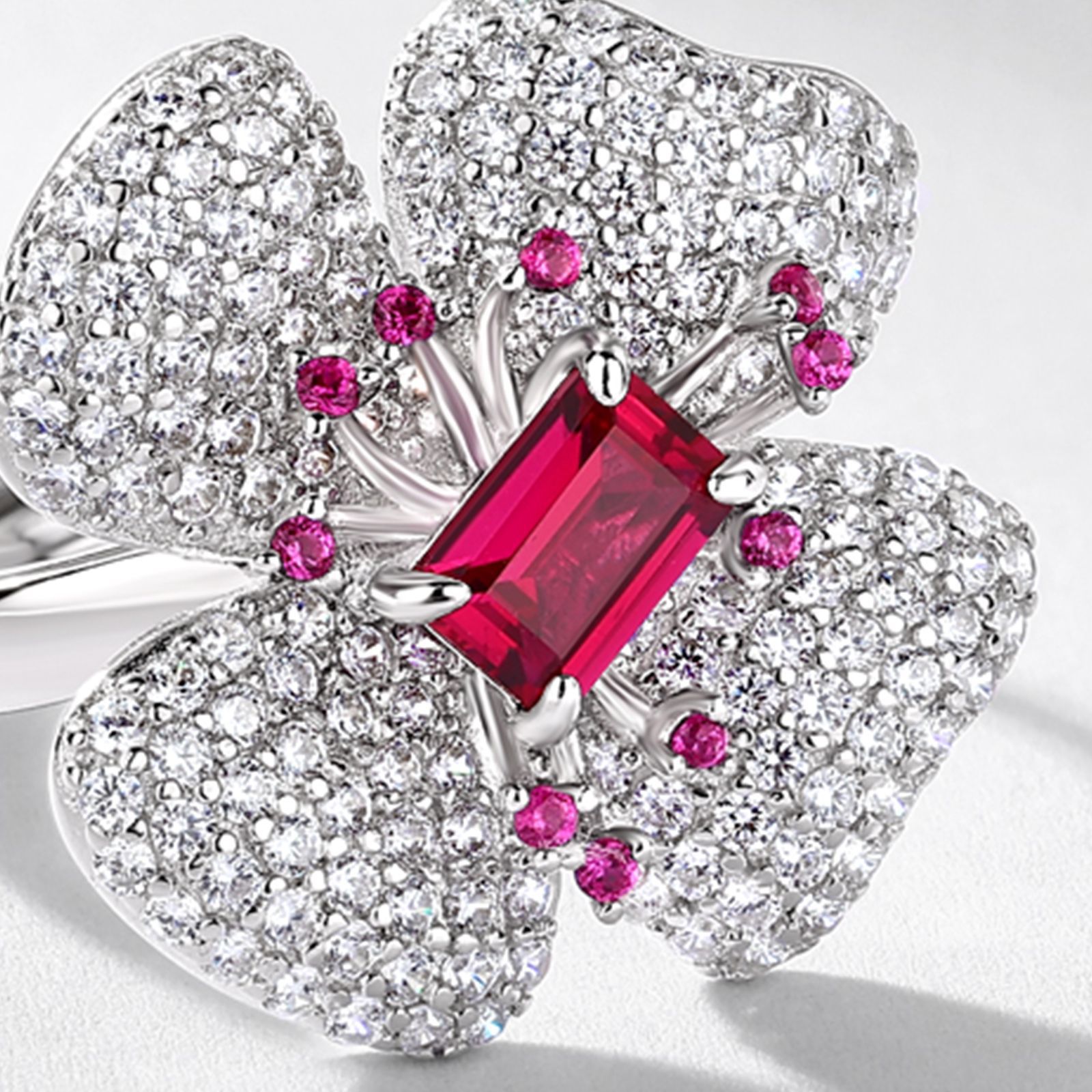 Ruby Heart Ring-Clover Petal Ruby Heart Ring in 925 Sterling Silver