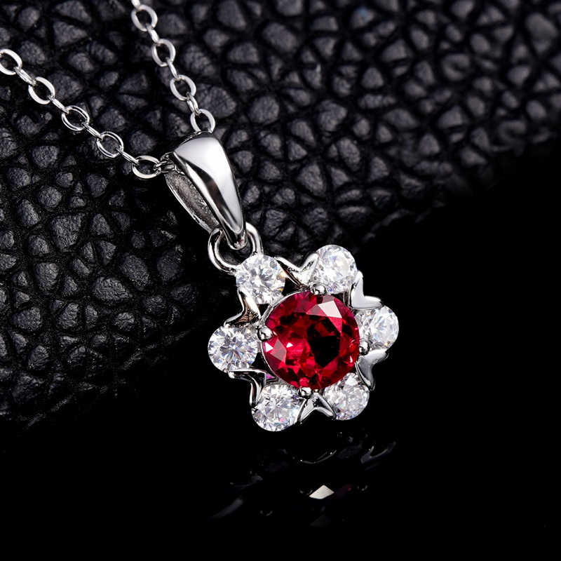 Ruby Pendant Necklace-Floral Ruby Pendant Necklace in 925 Sterling Silver