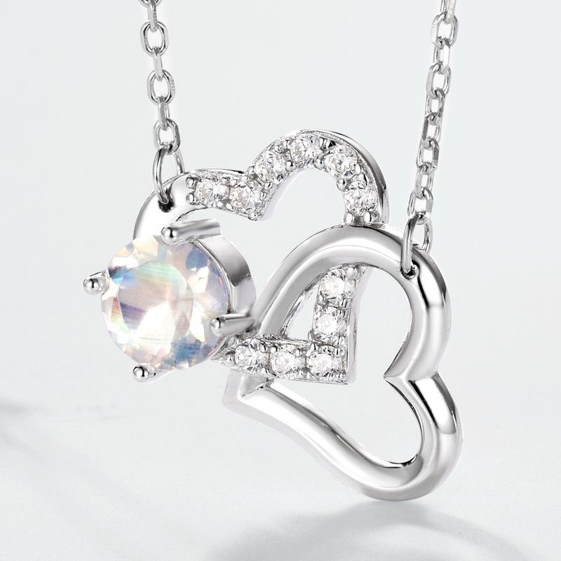 Sapphire Necklace - S925 Sterling Silver Double Heart 