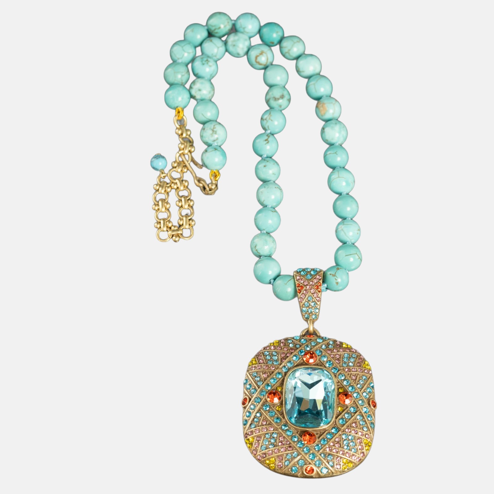 Pendant Necklace – Vintage Turquoise & Zircon Antique Gold Statement Jewelry