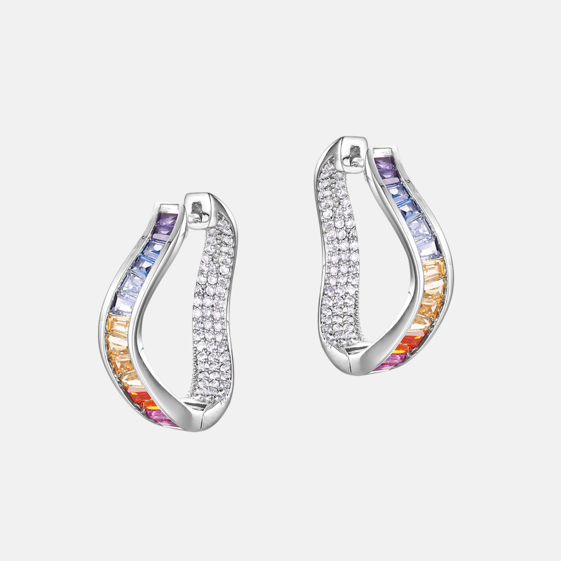 Rainbow Zircon Earrings – Irregular Pavé Hoop Earrings in 925 Silver