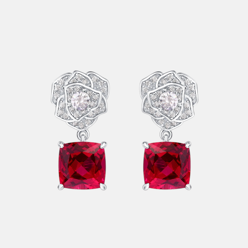 Ruby Stud Earrings-Sterling Silver Rose Ruby Stud Earrings with Square Drop