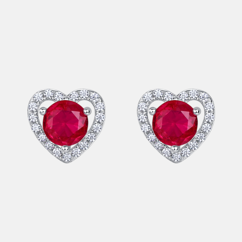 Ruby Stud Earrings - 925 Sterling Silver  Paved Heart Design