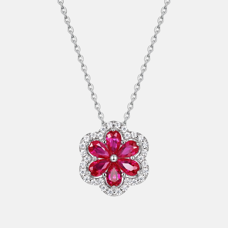 Ruby Pendant Necklace - 925 Sterling Silver Petal Design