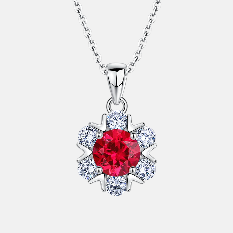 Ruby Pendant Necklace-Floral Ruby Pendant Necklace in 925 Sterling Silver