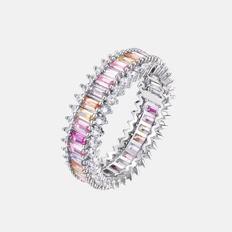 Colorful Zircon Ring – 925 Sterling Silver Single Row Eternity Band