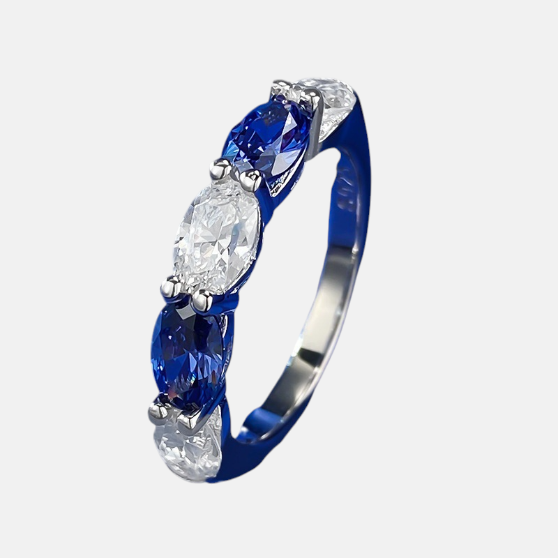 Sapphire Ring-S925 Silver Oval White Diamond & Tanzanite Blue