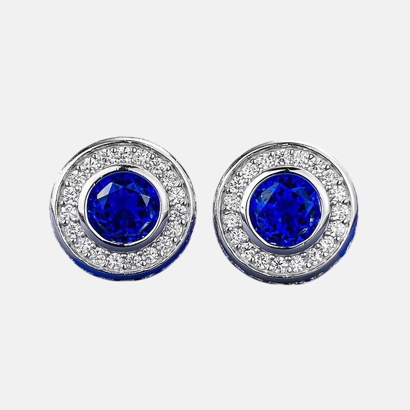 Sapphire Earrings-S925 Silver Round Blue Sapphire Pavé Diamond Stud Earrings