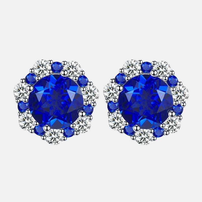 Sapphire Earrings-S925 Silver Floral Edge Blue Sapphire Stud Earrings