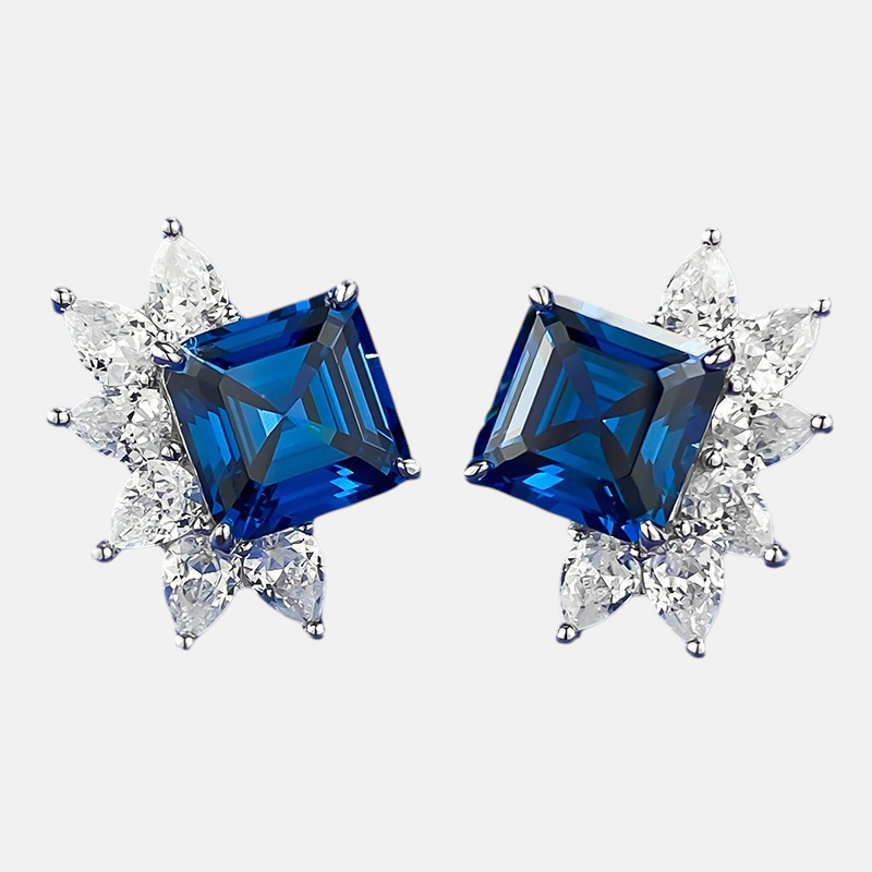 Sapphire Earrings-S925 Silver Royal Blue Square Sapphire Floral Stud Earrings