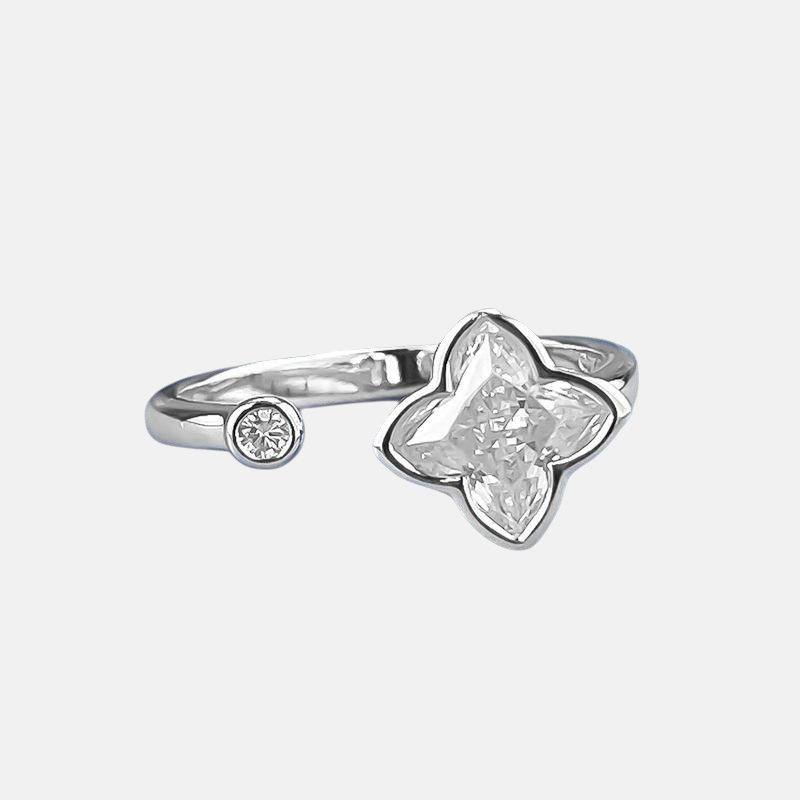 Moissanite Ring - Open Lily Clover Floral Design in S925 Silver