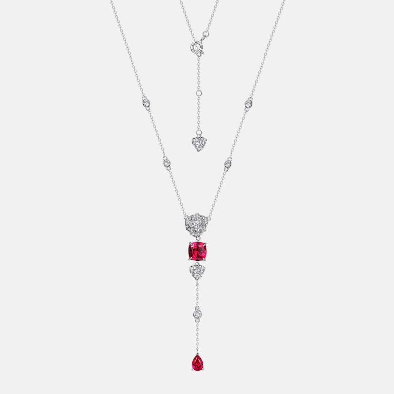 Rose Pendant Necklace – Simulated Ruby Long Necklace S925 Silver Gemstone Jewelry