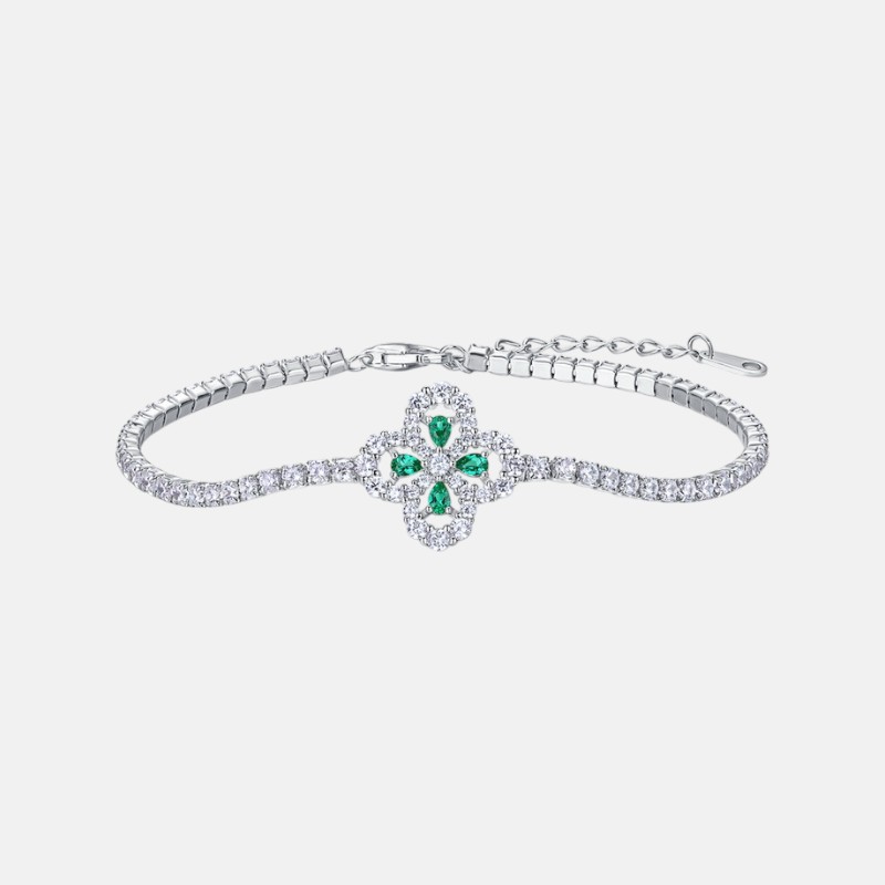 Emerald Silver Bracelet – Vintage Four-Leaf Clover S925 Jewelry