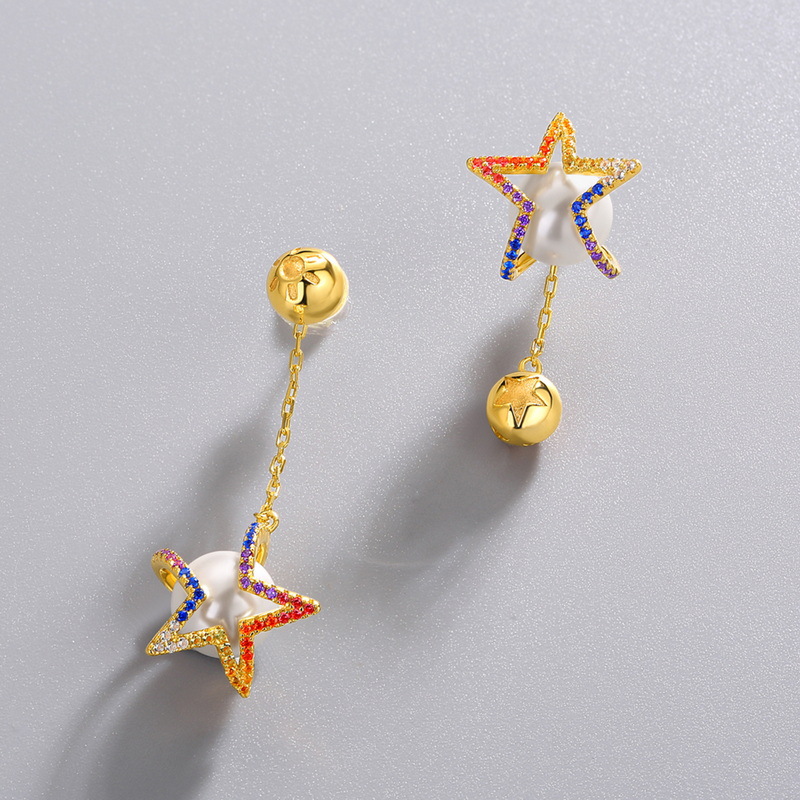 BlingKu S925 Star and Pearl Drop Earrings Flat Lay on Midnight Velvet