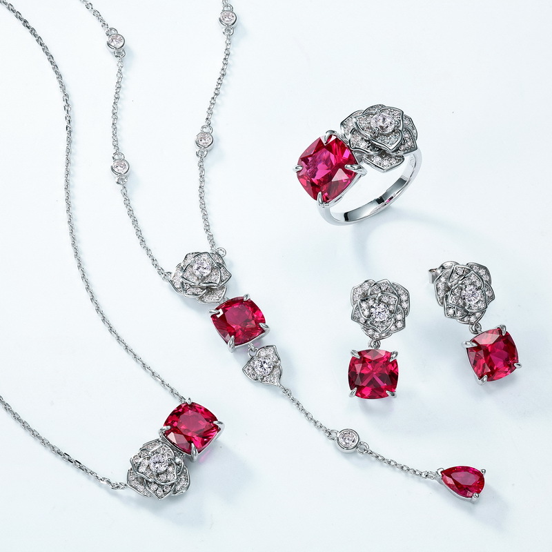New Rose Flower Cultured Ruby Necklace | S925 Silver with Colorful Gemstones