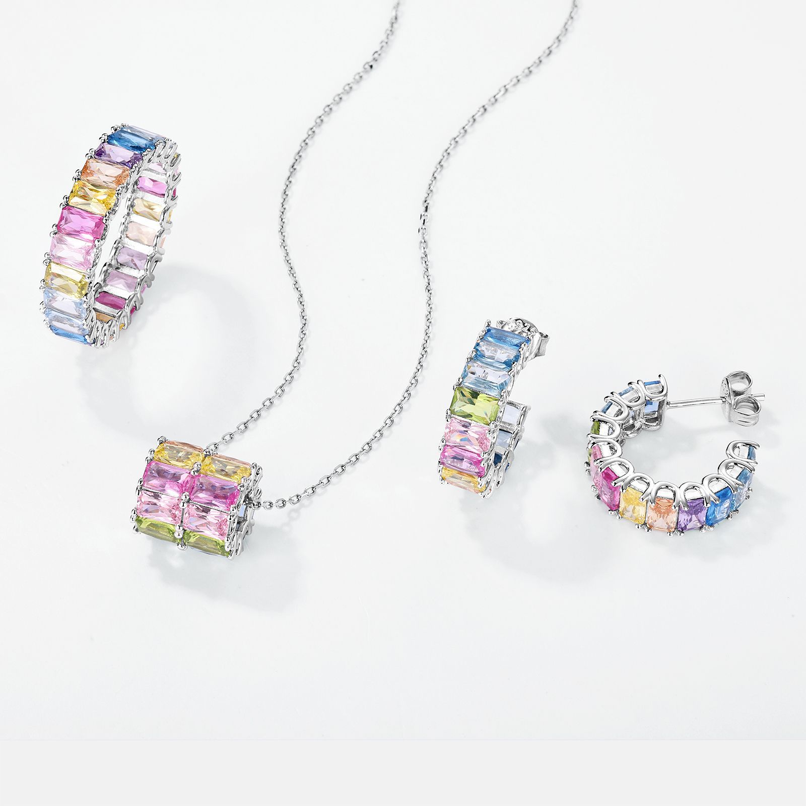 Personalized Jewelry – S925 Sterling Silver Geometric Rainbow CZ Pendant Necklace for Women