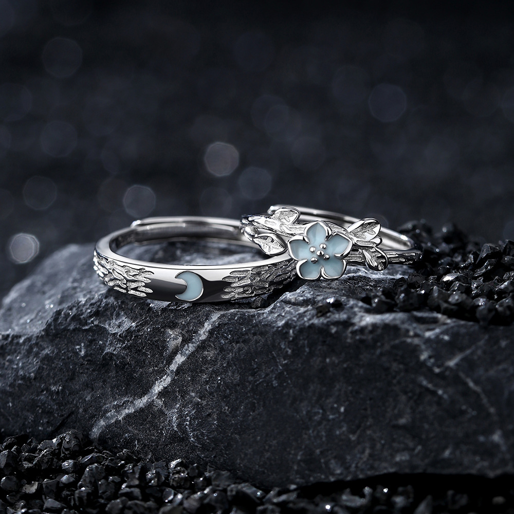 Glow in the Dark Couple Rings – “Moonlit Bloom” Adjustable S925 Silver Set