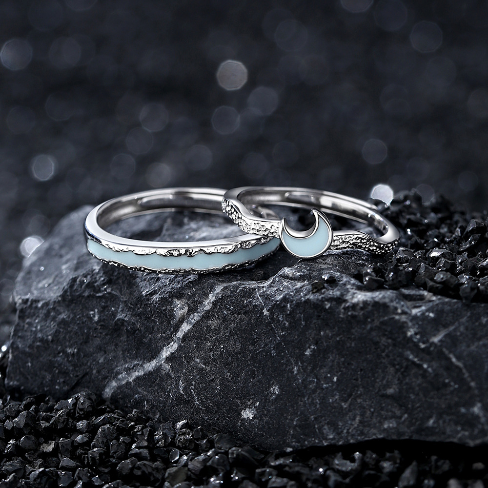 Glow in the Dark Couple Rings – Moon & Galaxy Design in S925 Silver