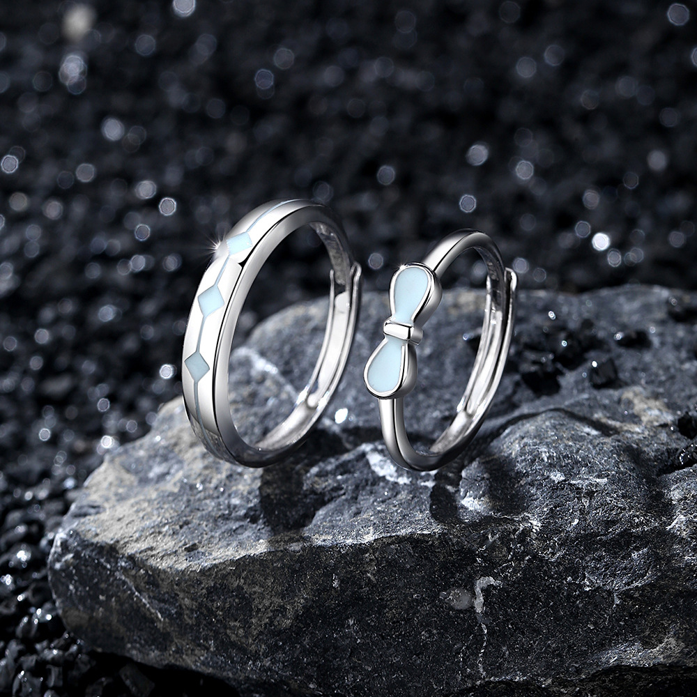 Glow in the Dark Couple Rings – S925 Silver Bow & Diamond Design Set