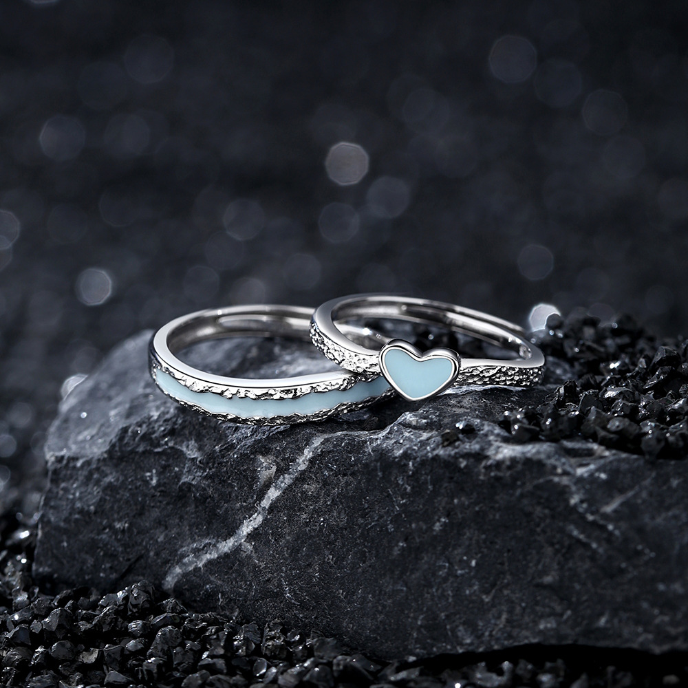 Glow in the Dark Couple Rings – “Falling in Love” S925 Silver Heart Set