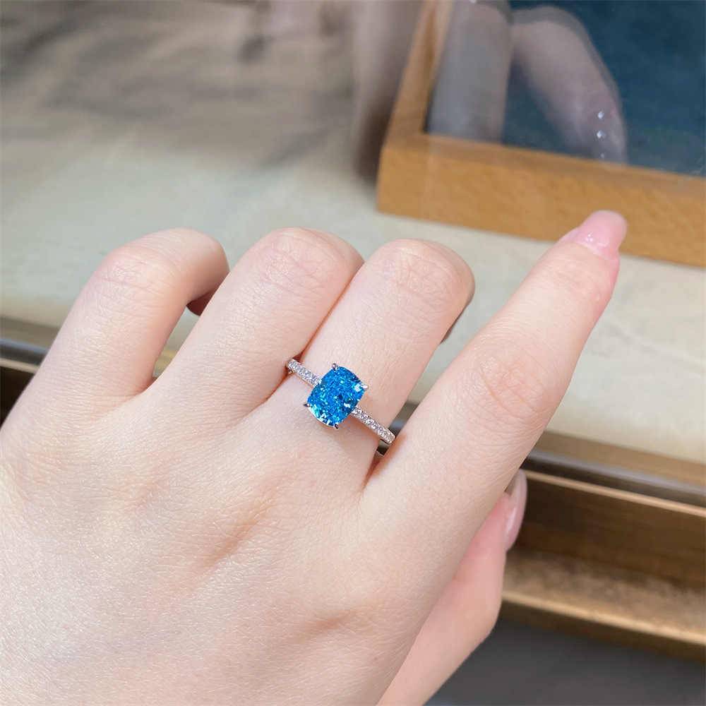 Radiant-Cut Aquamarine Ring with St. Maria Blue Tone & CZ in S925 Silver – March Birthstone
