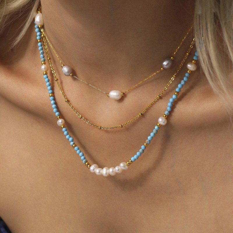 Stacked Necklaces – Turquoise & Freshwater Pearl Natural Gemstone Necklace | Blingku