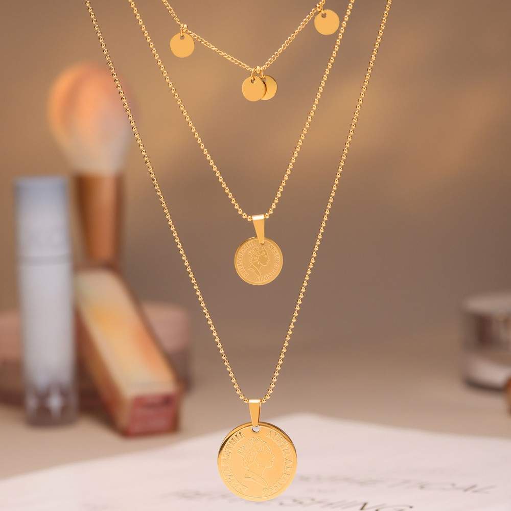 Multi Strand Necklace with Queen Portrait Coin – 18K Gold Plated Layers