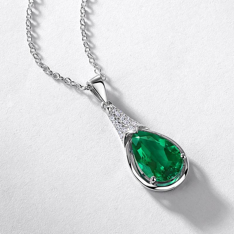 Teardrop Emerald Silver Necklace – S925 with Cultured Gemstone Pendant