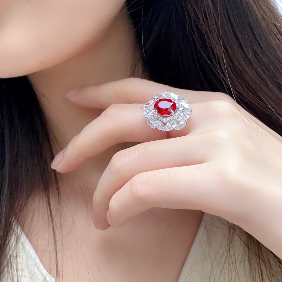 Ruby and Diamond Ring – 8×10mm Lab Ruby with Accents in S925 Silver