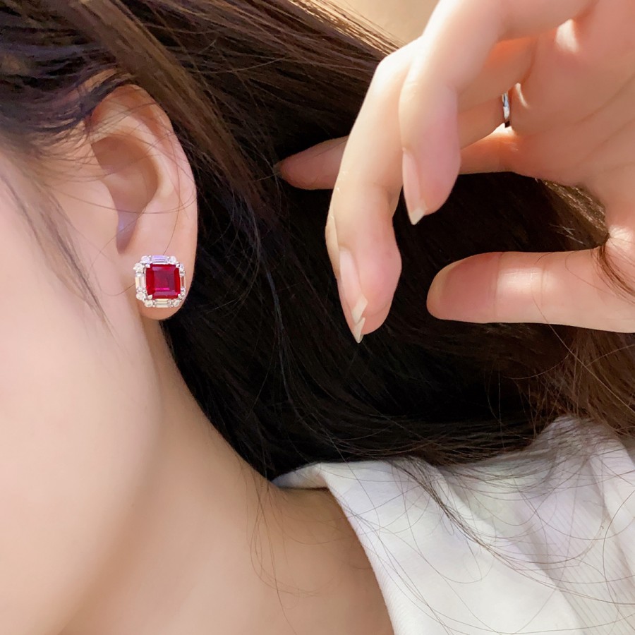 Dainty Ruby Stud Earrings – Square Lab Ruby in 925 Sterling Silver