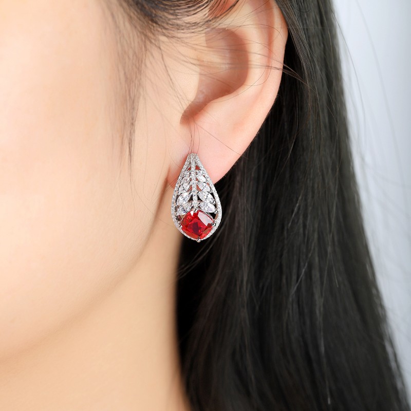 Ruby Drop Earrings – 8×8mm Cushion-Cut Lab Ruby in S925 Silver