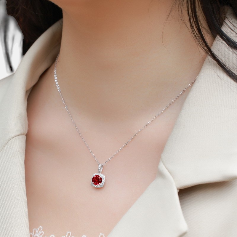 July Birthstone Pendant – Geometric Ruby & Moissanite in S925 Silver