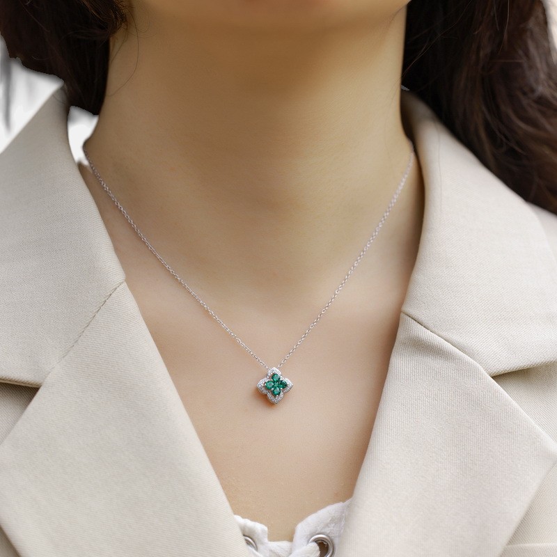 Sterling Silver Ruby Necklace – Four-Leaf Clover Floral Pendant for Women