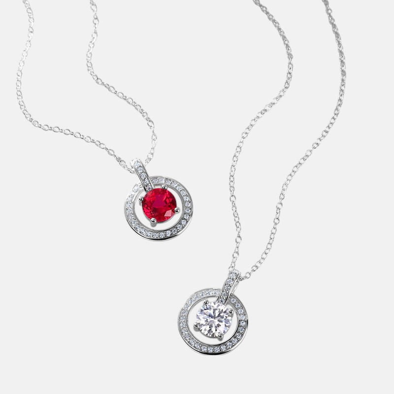 July Birthday Necklace – Lab Ruby Circle Pendant with Full Gem Pave in S925 Silver