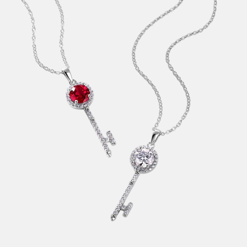 Dainty July Birthstone Necklace – Lab Ruby Key Pendant in S925 Silver