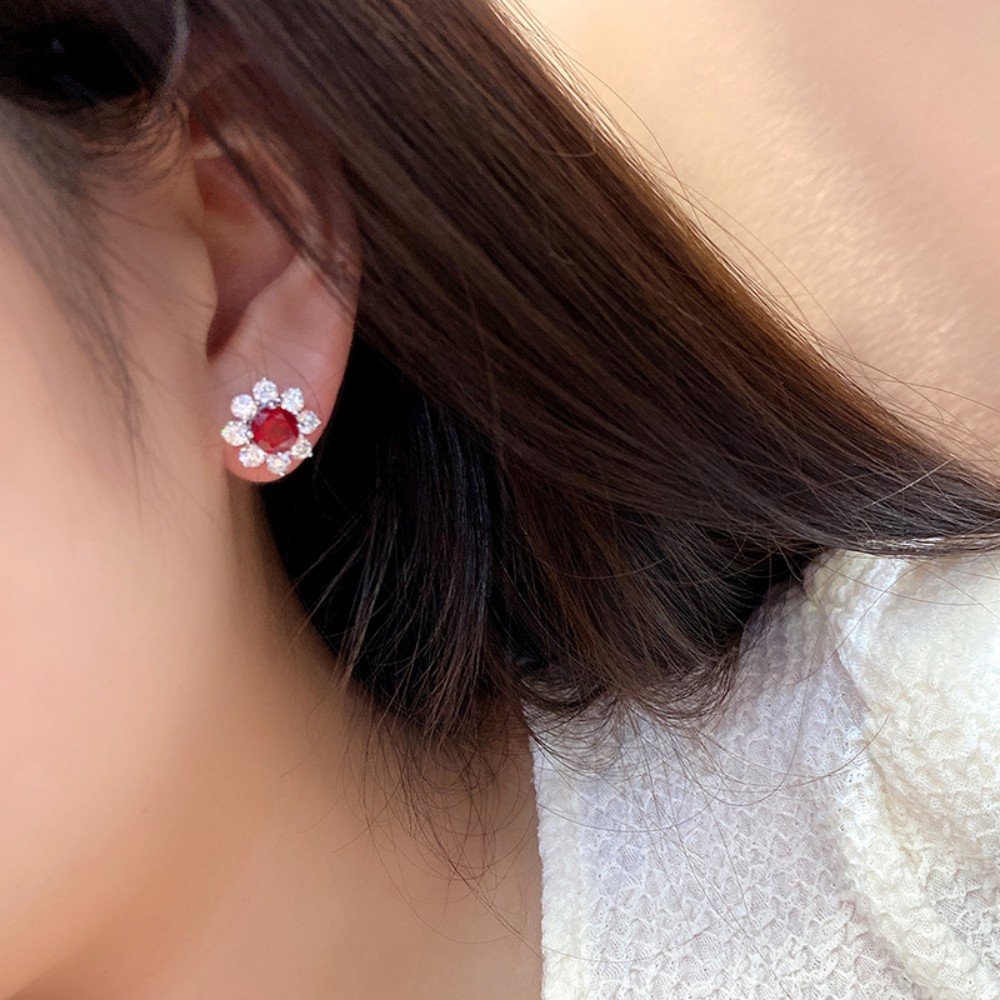 Natural Ruby Stud Earrings – Lab Ruby Sunflower Design in S925 Silver
