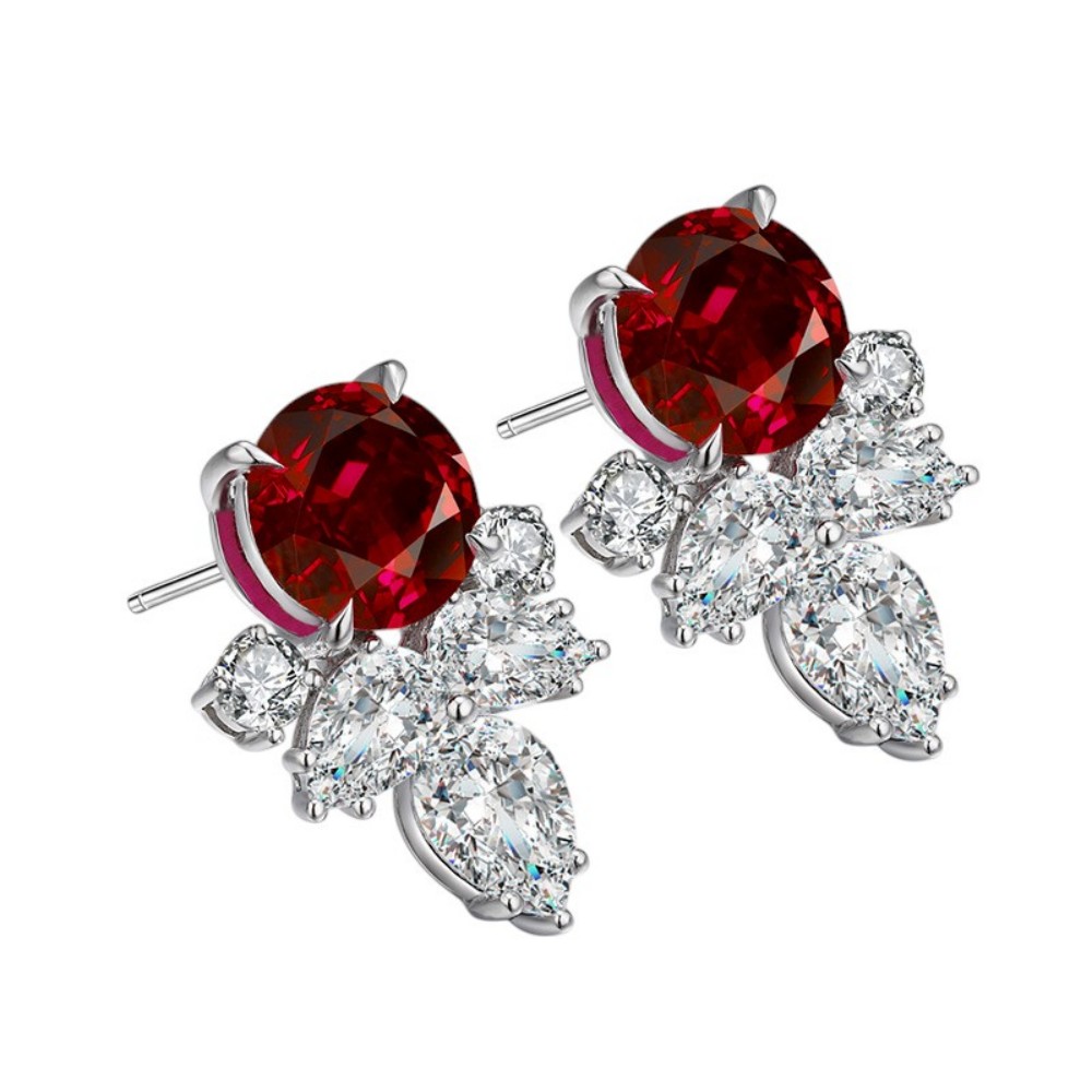 Ruby Earrings – Round Red Corundum Studs in 925 Sterling Silver