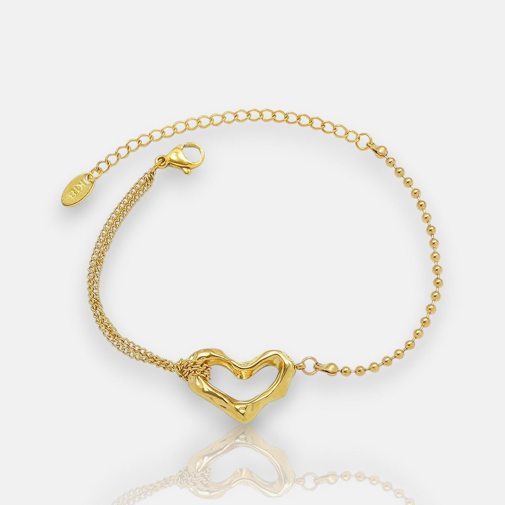 Gold Heart Bracelet – 18K Double-Layer Beaded Stainless Steel Design