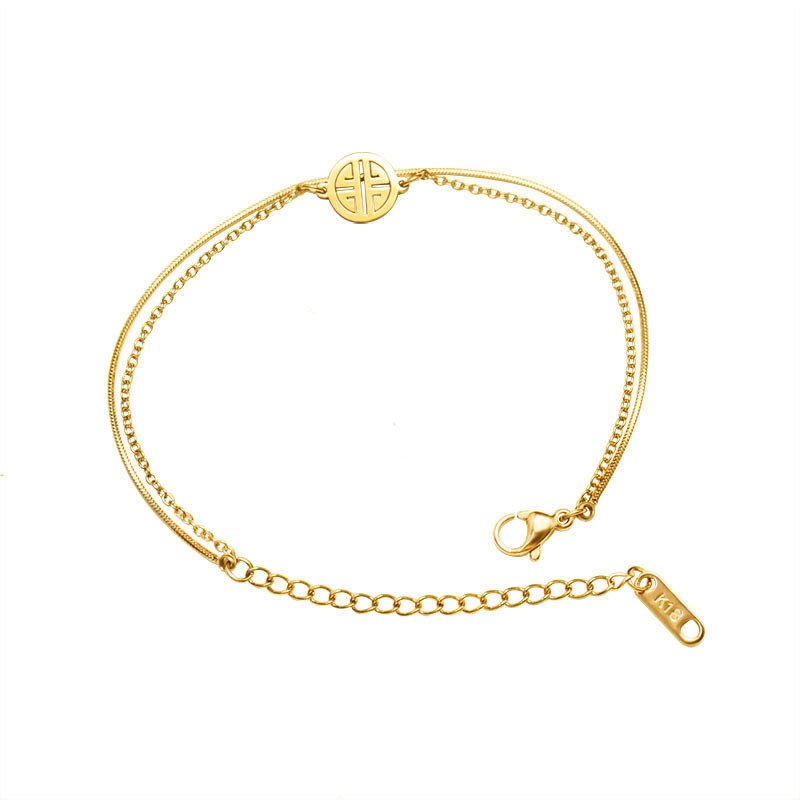 Layered Bracelet – 18K Gold Plated Double Chain with Chinese-Inspired Charm